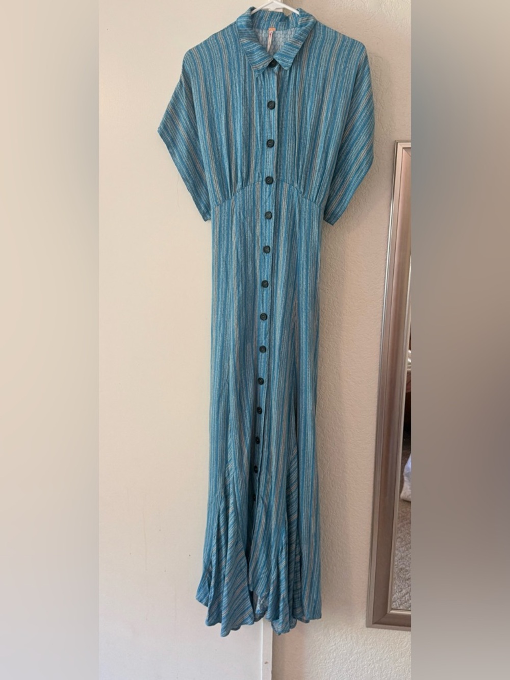 Free People Teal Blue Striped Button-Front Maxi Dress Size Small New w/o Tags